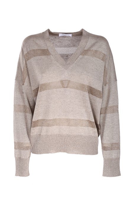 Shop FABIANA FILIPPI  Maglia: Fabiana Filippi maglia con finiture metallizzate.
Pattern con righe orizzontali a contrasto di colore.
Scollo a v.
Maniche lunghe.
Over size fit.
Composizione: 40% canapa 33% viscosa 17% cotone 10% poliestere.
Fabbricato in Italia.. MAD273W086H326-VR2